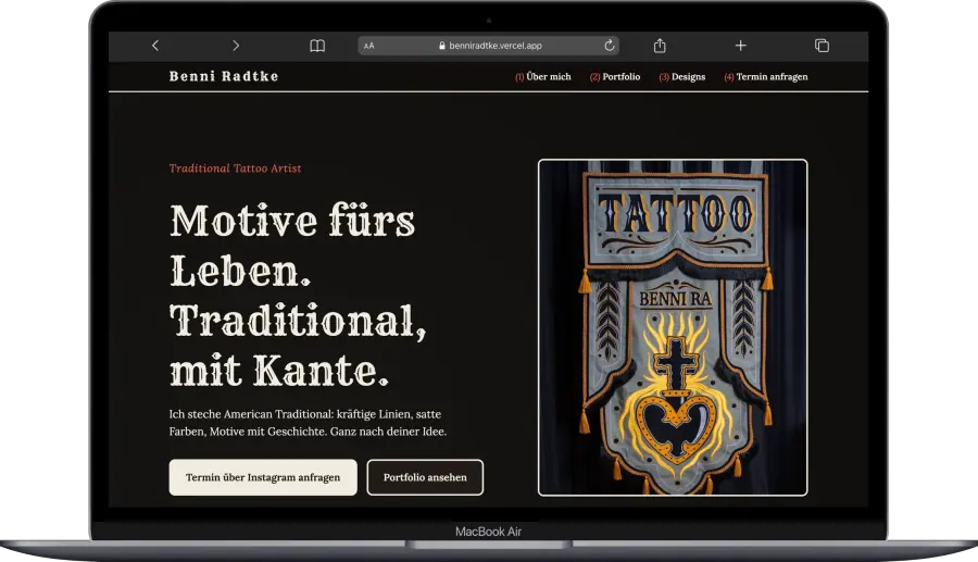 Startseite der Website für Traditional-Tattoo-Artist Benni Radtke