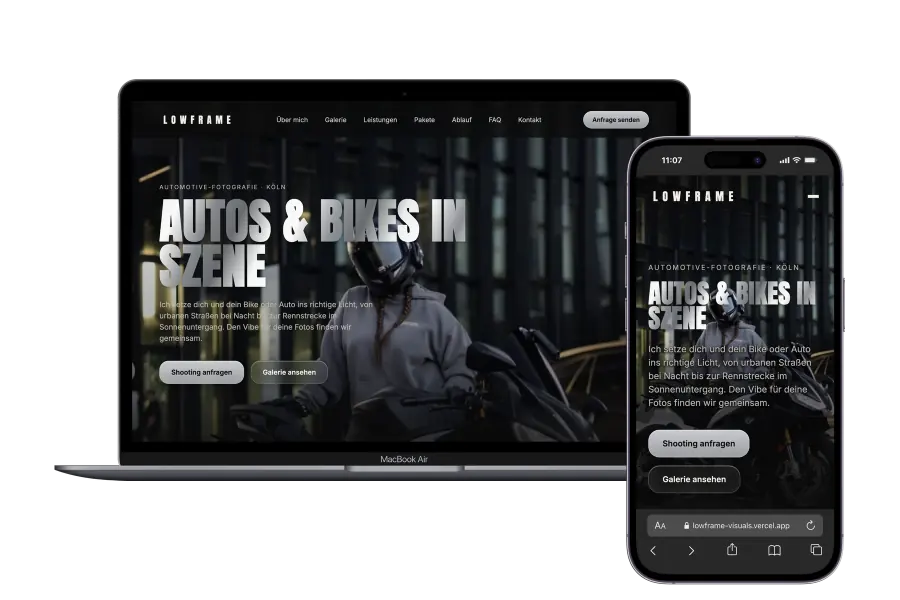 Die Website von Lowframe Visuals auf Laptop und Smartphone, Startseite mit Anfrage-Button